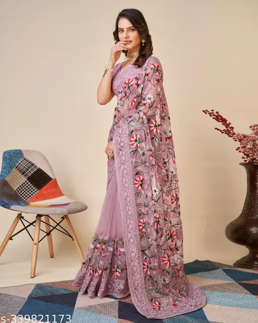 Indian net saree with solid print, single free size (5.5m), Bangalori silk blouse in running style