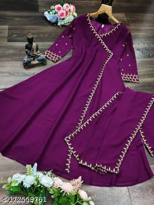 Georgette embroidery kurta for women, solid color long-sleeve, JD Falsa India