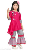 Pink rayon kurta set for kids, stylish designer sharara clothing with embroidered patterns, perfect for parties and festive occasions. Size options available from 3-4 years to 8-9 years. Made in India