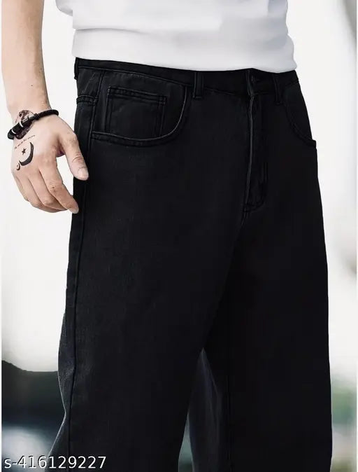 Loose fit baggy black denim - solid style, size options for waist 28-36, India origin