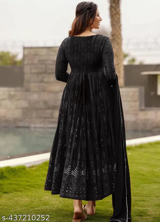 Georgette embroidered Anarkali gown with dupatta, traditional Indian ethnic wear for women (S-50in, M-51in, L-52in, XL-52in, XXL-53in)