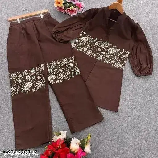 Attractive embroidered brown cotton cord set (top & bottom) for women, features bishop fancy elbow sleeves, perfect for traditional, casual, or party wear, 100% quality satisfaction guaranteed