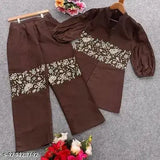 Attractive embroidered brown cotton cord set (top & bottom) for women, features bishop fancy elbow sleeves, perfect for traditional, casual, or party wear, 100% quality satisfaction guaranteed