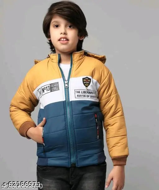 Navy blue padded coat with black and white stripes on sleeve, front pocket, and zippered chest pockets