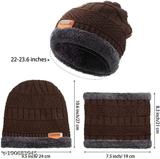Trendy acrylic winter cap with neck scarf, fur criss-cross pattern, great for outdoor activities
