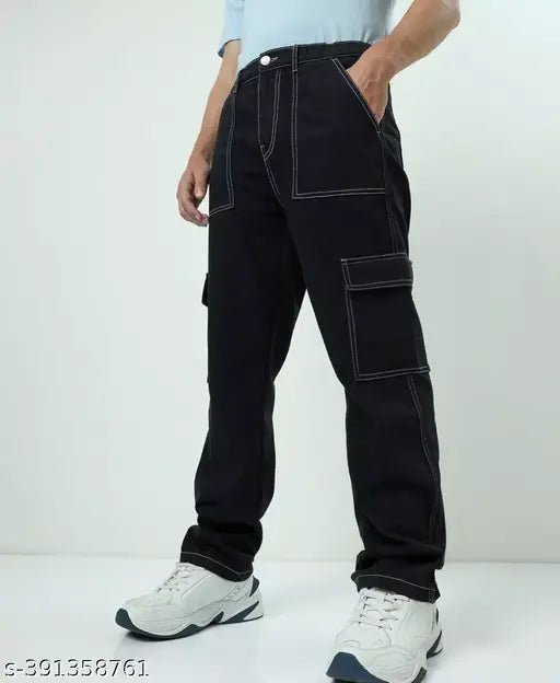 Black denim casual wear cargo pants, baggy fit for boys, size 28/30/32, clean look, Indian origin