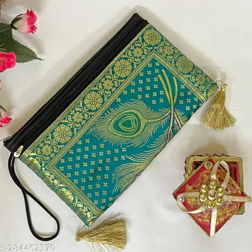 Blue and gold handcrafted wallet with multiple card slots
