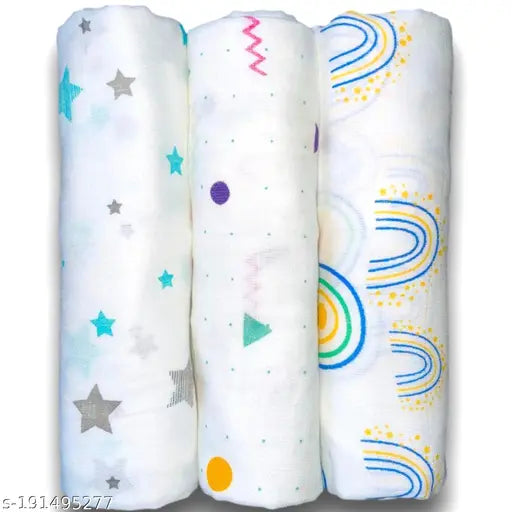 Blue Star & Rainbow Design LazyToddler Muslin Swaddle Blankets - Extra Soft, Triangle Shape, 100cm x 100cm, Pack of 3, Multi-functional for newborn use as towel, changing mat, nursing cover, etc., Organic Cotton, Made in India