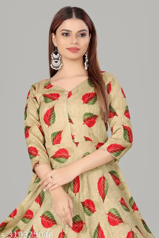 Leaf print flared rayon Kurta, three-quarter sleeves, printed design for plus size women, heart neck lace border long Anarkali