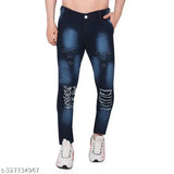 Men's blue slim fit heavy distressed denim jeans, ruffle style - trendy wardrobe essential for casual and evening wear. Versatile and comfortable, perfect for a range of sizes from 26 to 34 inches waist, 28 to 37 inches hip, and 40 to 41 inches length, originating in India