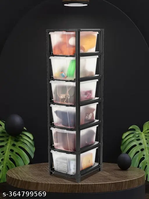 Drawer organizer system with 6 xl transparent boxes, black color