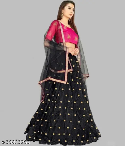 Silk and net designer lehenga set with embroidered top and lace dupatta, free size, Indian origin