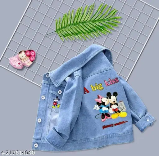 Denim jacket with Mickey Mouse design, blue wash, zip front closure