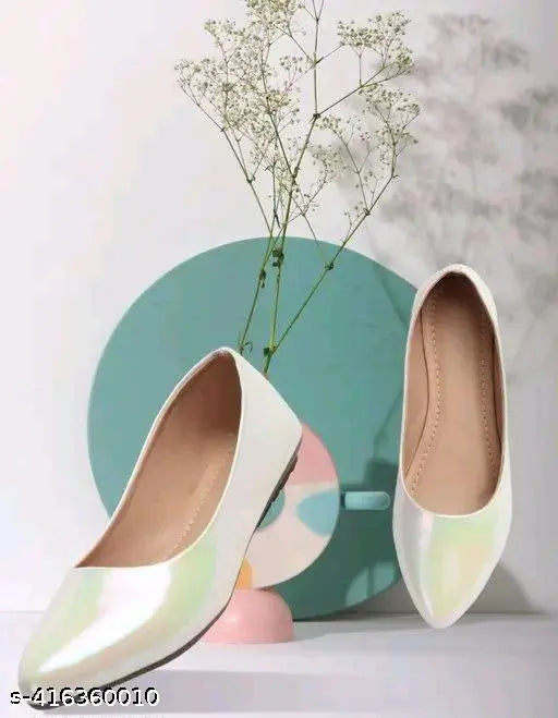 Grey synthetic leather ladies Juti and Ballerinas for daily wear and parties. Pointed shape, flat belly heels, slip-on design. Affordable and stylish women's footwear from India