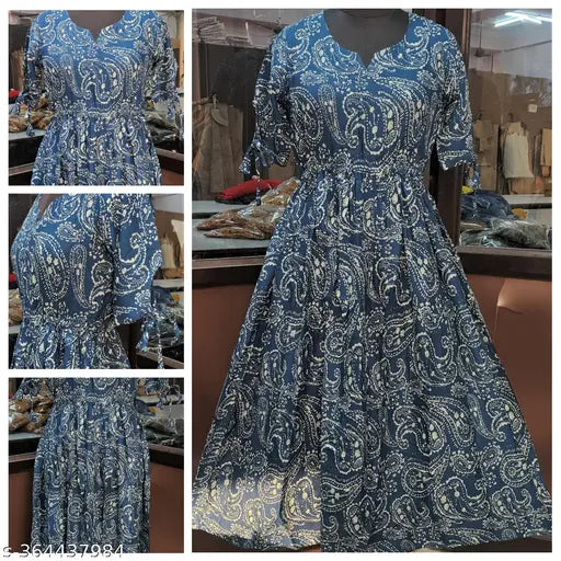 Blue viscose rayon pleated kurti with ethnic motifs embroidery, short sleeves, size S-XXXXL