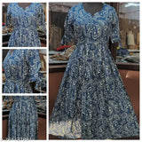 Blue viscose rayon pleated kurti with ethnic motifs embroidery, short sleeves, size S-XXXXL
