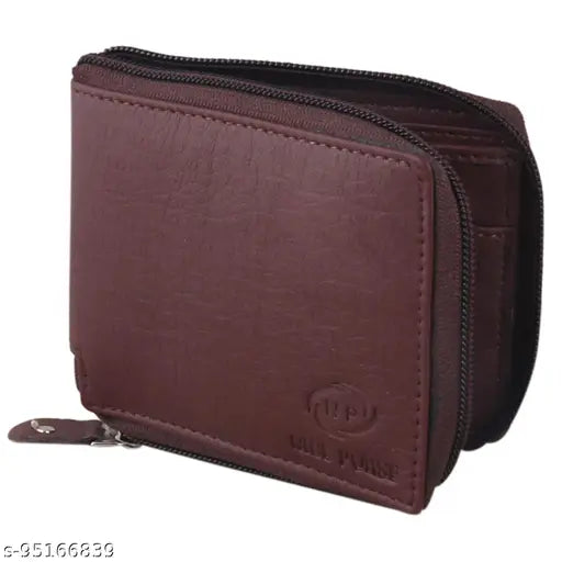 Brown artificial leather wallet for men, 4 card slots, spacious with zip closure, made in India