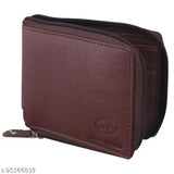 Brown artificial leather wallet for men, 4 card slots, spacious with zip closure, made in India