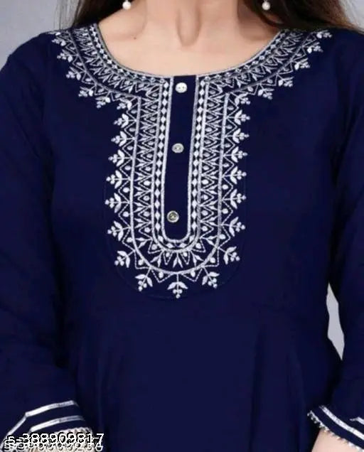 V-neck blue rayon gown, printed three-quarter sleeves, women's dress size S to XXXL, Indian fashion on mannequin