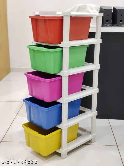 A five-tiered storage organizer featuring multicolored bins, suitable for various storage needs