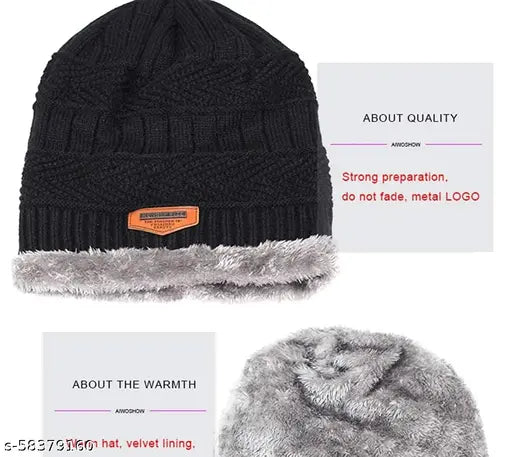Unisex wool acrylic beanie cap with scarf - thick, chunky knit, soft fleece lining, versatile cold weather wear