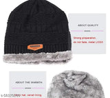 Unisex wool acrylic beanie cap with scarf - thick, chunky knit, soft fleece lining, versatile cold weather wear