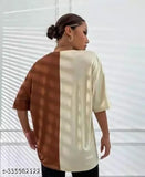 Woman wearing a two-tone printed t-shirt with butterfly print, oversized drop shoulder, round neck, and long sleeves. Pack of 2 combo