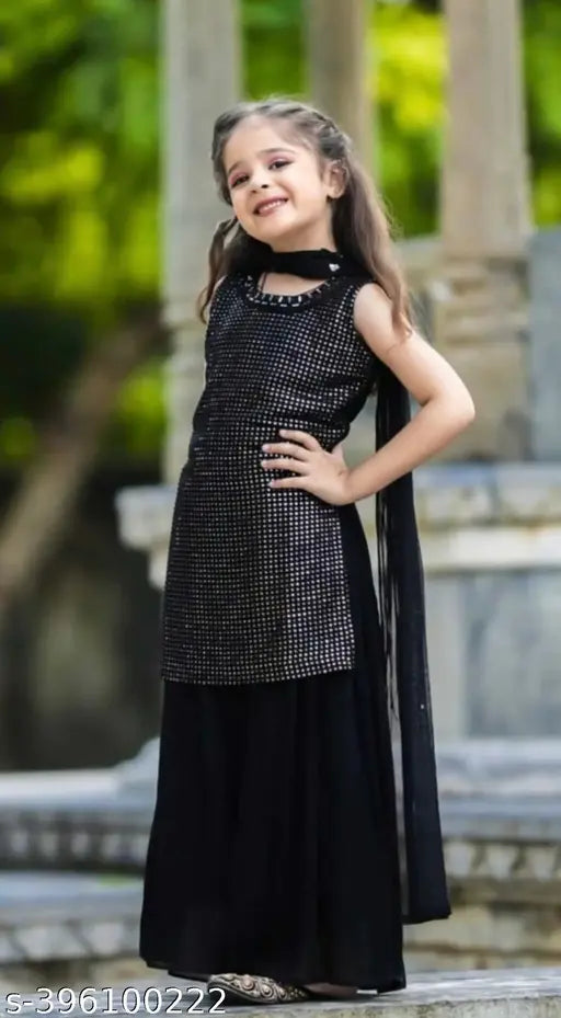 Girls festive party Georgette kurti, legging and dupatta set with embellished A-line top and palazzos bottom, knee length, sleeveless. Kids girls ethnic wear, Indian clothing set for 2-11 years. Made in India