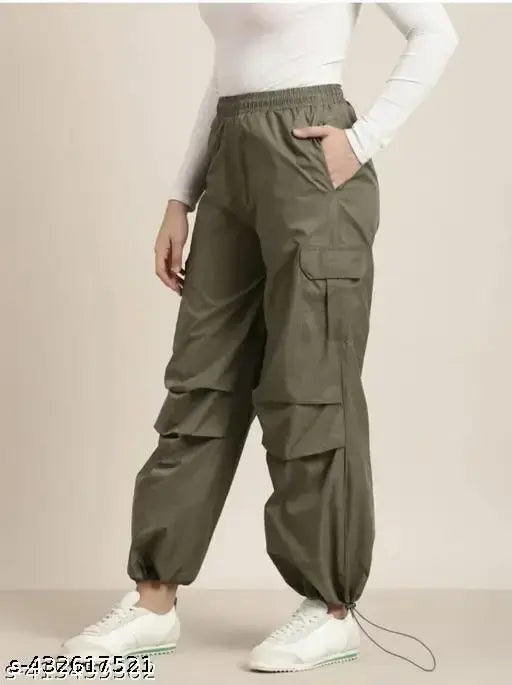 Khaki cargo pants, women's style, elastic waistband
