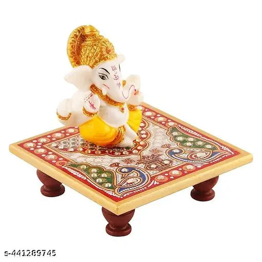 Marble Ganesh Idol with Chowki, intricately crafted for home/office pooja, multi-colored resin & marble
