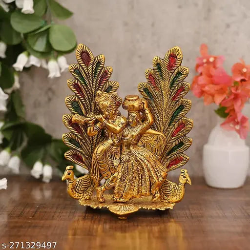 Multi-colored metal Radha Krishna Idol Statue with Peacock Diya Design, 15cmx10cmx20cm (Indian handicraft)