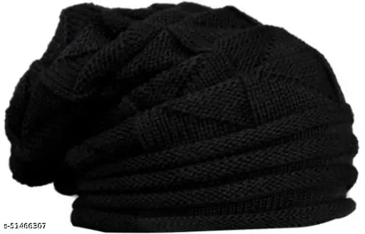 Black and white patterned knit cap, ribbed texture, adjustable fit