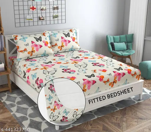 ADEGIA Branded Elastic Fitted Double Bedsheet with 2 Pillow covers, multi-colored cotton blend, 100x90 inch, suitable for adults, machine washable, soft touch, wrinkle-free