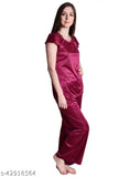 Wine satin nightwear pajama set, luxurious satin nightsuit top with short sleeves, perfect for bedroom or special nights, made in India