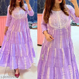 Embroidered Riza Anarkali Lurex gown, premium quality rayon, three-quarter sleeves, tiered pattern, long length