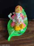 Marble, multicolored 5-inch Ganesh statue on pan leaf, traditional Indian Ganpati idol for home decor
