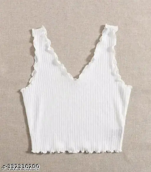 White Lycra v-neck tunic top, solid net, women's wear, sleeveless, size S (bust 30in), made in India