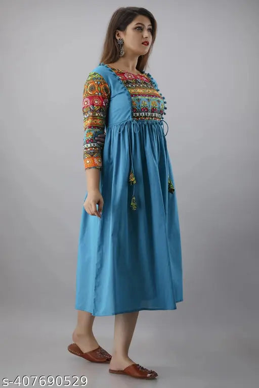 Blue rayon anarkali kurti, single-toned Indian summer wear for women with three-quarter sleeves