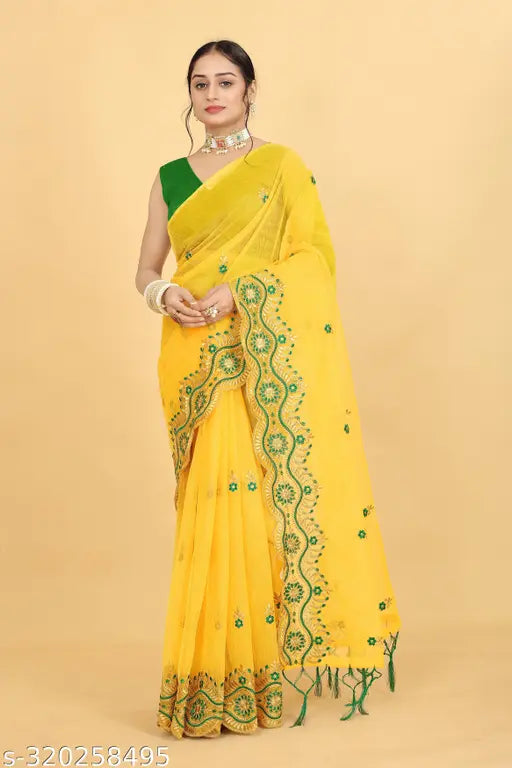 Mustard yellow Super Net saree with beautiful multi-thread embroidery work, featuring a separate Dupion Silk blouse and cutwork broder on pallu and skirt