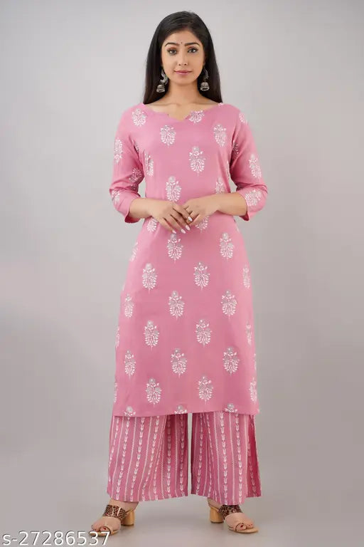 Rayon Myra Fabulous Women's Kurta Set with Palazzos, printed net three-quarter sleeves, single size S-5XL, India origin