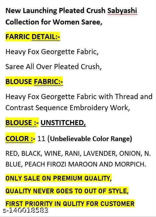 Women's pleated saree collection in vibrant hues and designs, featuring fabric detail, heavy fox-george embroidery, thread embellishment, tailored blouse in contrast color. Sizes from 36 to 48, exclusively stitched, unstitched, with matching petticoat. High quality and comfort guaranteed