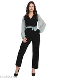 Stylish Lycra jumpsuit in solid floral Georgette fabric, tailored sleeves with matching waist belt, perfect chic look, Indian designer clothing