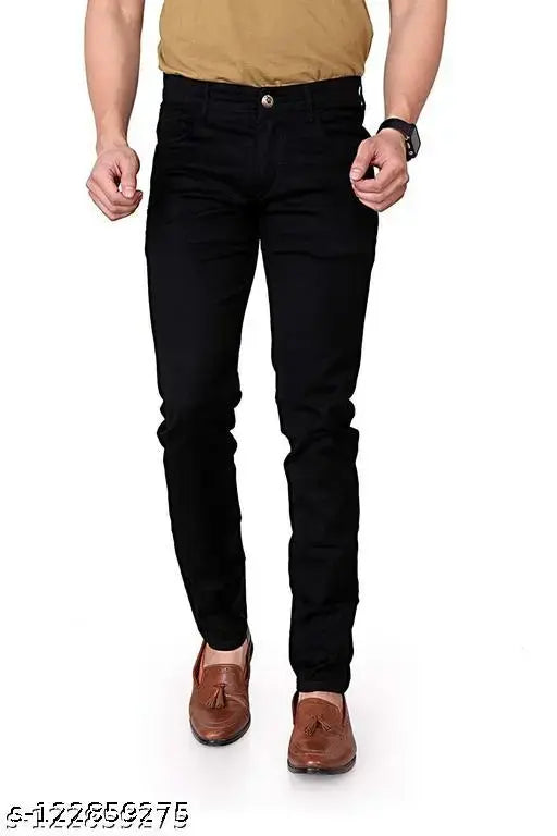 Black stretch denim jeans for men, slim fit by FLETE FASHION. Adult size 28, mid rise, tapered leg style. Made with cotton lycra in India