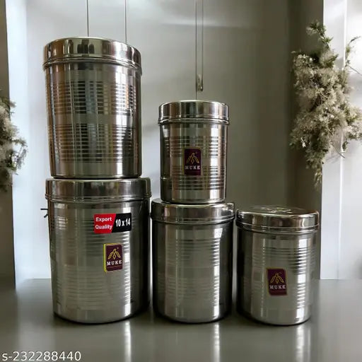 Stainless steel high-quality Muke kitchen dibba storage jars, 5 piece set with containers ranging from 500ml to 2g, suitable for dry and wet ingredients