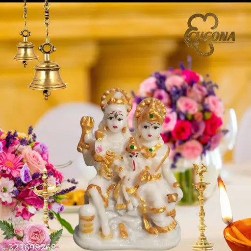 Marble dust Shiv Parivar Murti Statue - High-quality polyresin figurine of Shiva Parvati Ganesh Idol, 7cm L x 10cm H x 5cm W, ideal for home puja