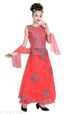 Embroidered net lehenga gown for girls, Indian wedding party sharara with sleeveless design, size 3-4 years (21in waist, 32in length)