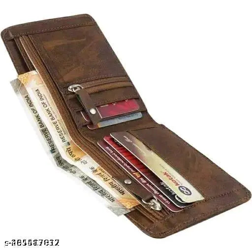 Brown faux leather bi-fold wallet for men. Features double zipper, 4 card slots, secret pockets, and currency compartments. Trendy and fashionable design