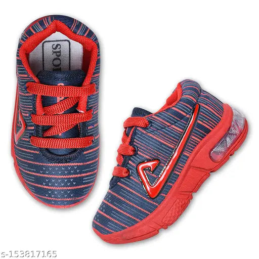Red and blue kids shoes, with red laces and LED light features