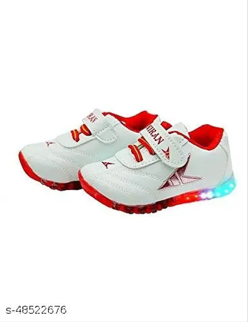 Red and white casual boys sports shoes, light up sole