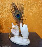 White ceramic statue of Lord Krishna playing a flute, standing on a white pedestal